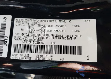 2021 Toyota Tundra Sr5 z USA, uszkodzony, nr VIN 5TFEY5F10MX286862